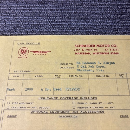 De colección 1955 Nash concesionario de automóviles recibo de ventas factura de concesionario de automóviles - Imagen 2 de 2