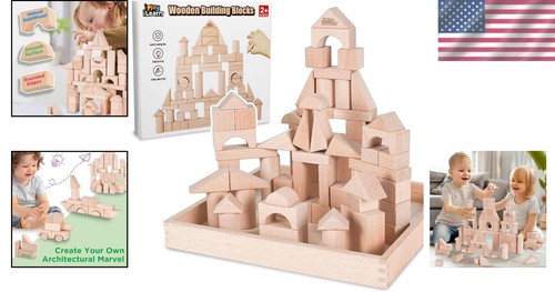 Natural Toddler Building Blocks with Storage Crate - 72 Shapes for Fun Play - Picture 2 of 9