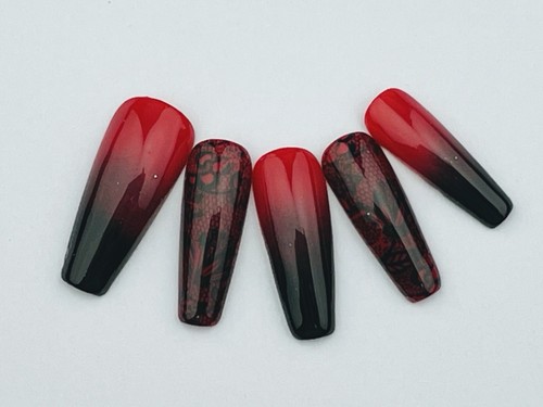 Custom Whimsigoth Ombré rot schwarz Spitze Press On Nägel langer Sarg Gr. Lg Large - Bild 1 von 2