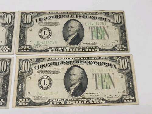4pc Vintage Lot Of Circulated 1934 $10 Ten Dollar Bills Rederal Reserved Notes - Picture 3 of 6