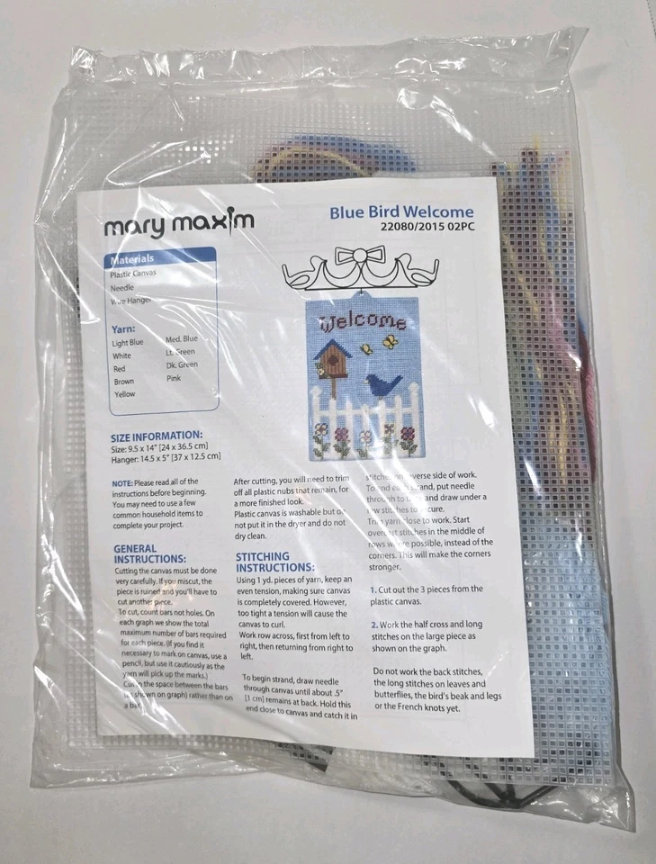 Kit de lona de plástico Mary Maxim letrero de bienvenida de pájaro azul con percha de alambre de metal Foto 2 de 4