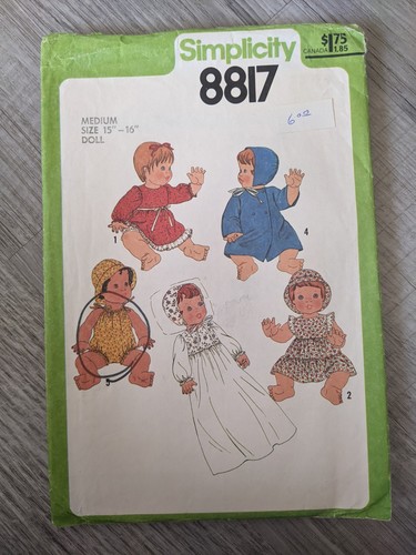 Simplicity Pattern 8817 Wardrobe For Baby Dolls Medium 15-16" Cut Complete - Picture 1 of 2