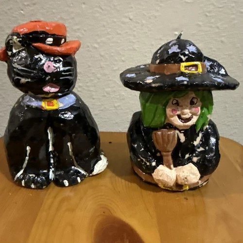 Vintage Set Of Old Decor Wax  Cat Witch Super Cool That 60 And 70s Creepy Look - product listing photo