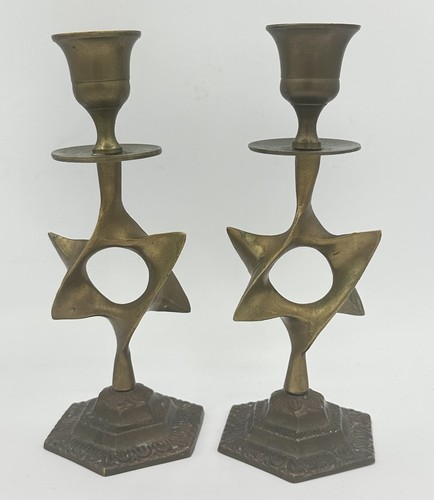 2 - Solid Brass Judaica Jewish Shabbat Candle Holders Star of David Design 6.25" - Picture 7 of 8