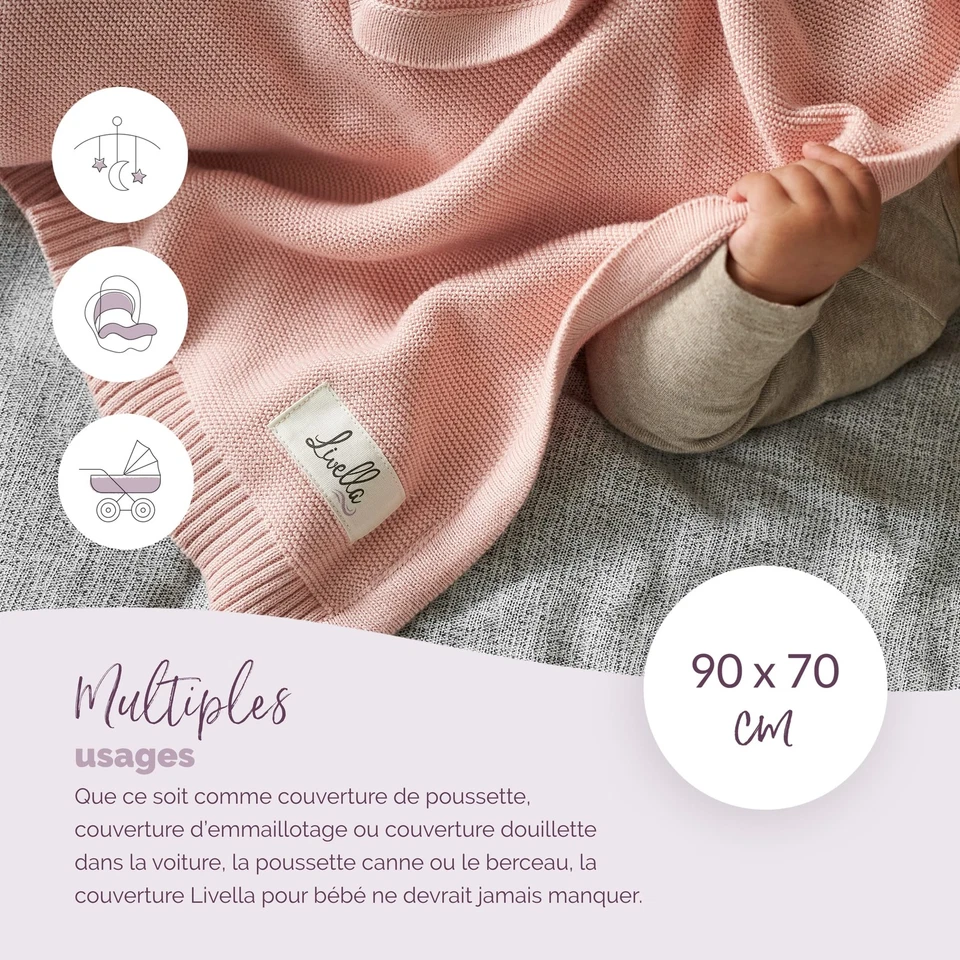 Couverture en Tricot de Qualité Supérieure 100% Coton Biologique Super Douce ... - Photo 4/4