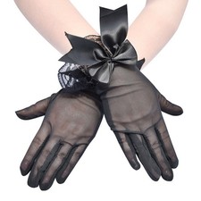 Black Short Mesh Gloves with Lace Beads Bow for Women Bridal Sun Protection