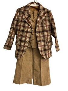 Vintage Jack Tar 3 Piece Suit 1970s Boys Toddler Beige Plaid