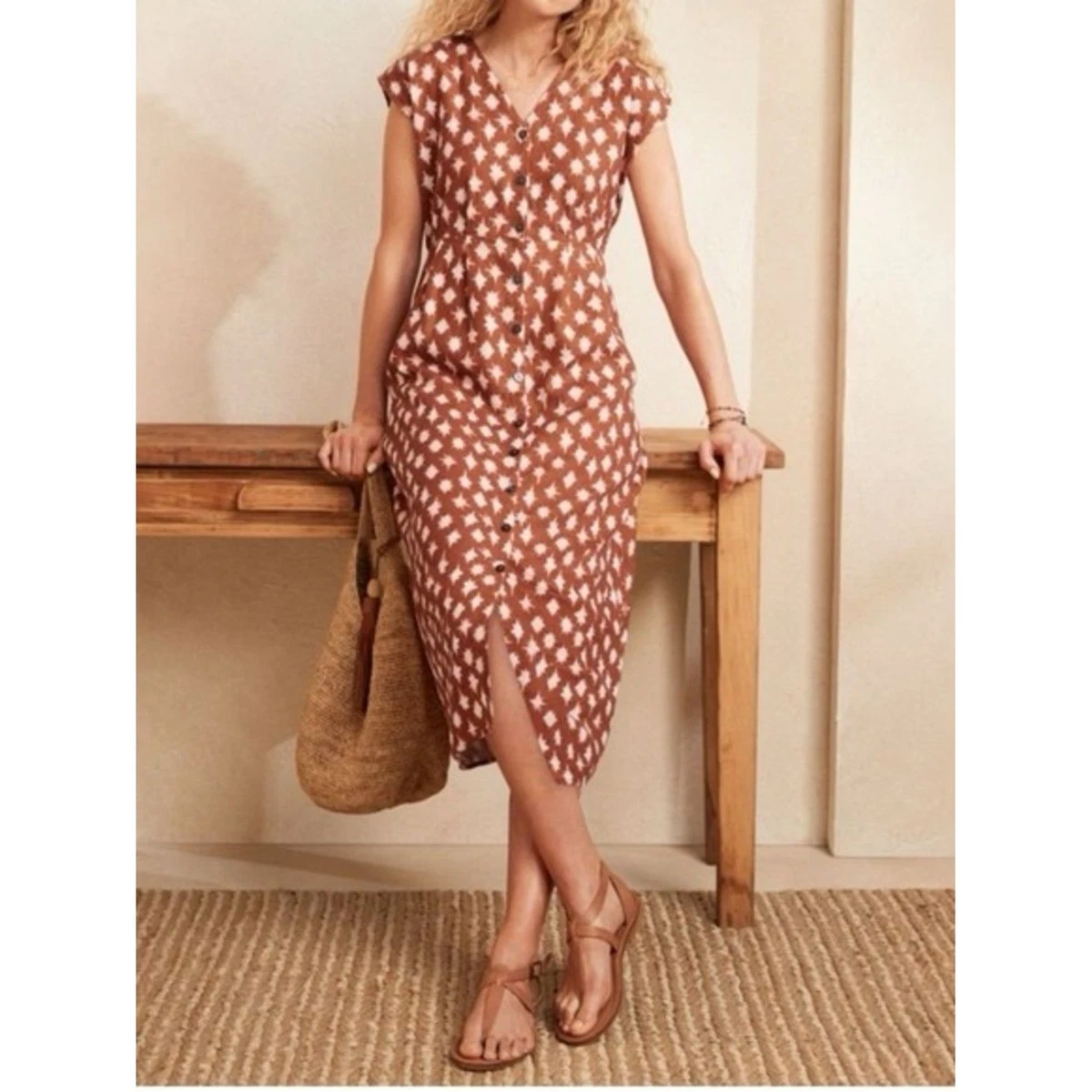 garnet hill linen pleat detail midi dress Garnet Hill 12 L linen pleat detail midi dress star rust cinnamon orange white