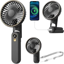 New Dhenrio Portable Handheld Fan 180° Foldable USB Rechargeable 5-Speed Black.