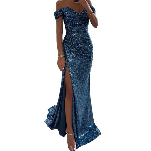 Stylish Split Long Dress for Evening Parties Sequined Off Shoulder Design - Picture 19 of 22