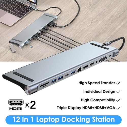 12w1 USB C Stacja dokująca Podwójny monitor Typ-C USB 3.0 Stacja dokująca Potrójny wyświetlacz # - Zdjęcie 3 z 19