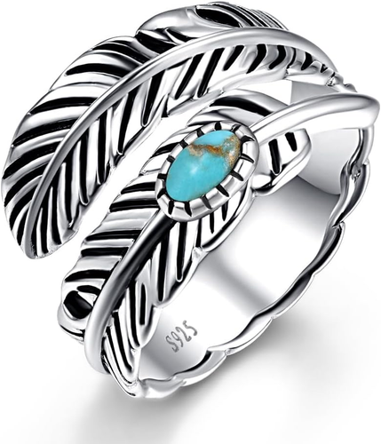 Feather Ring with Black Onyx & Turquoise - Adjustable Stacking Vintage Design - Picture 11 of 12