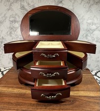 Vintage Mele Wooden Three Tier Jewelry Box Cherrywood Multi Compartment Mirror