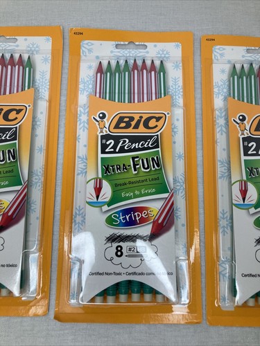 Set Of 3 Bic #2 Pencil Xtra Fun Stripes 8 Pack Factory Sealed Pack Red Green - Picture 3 of 7