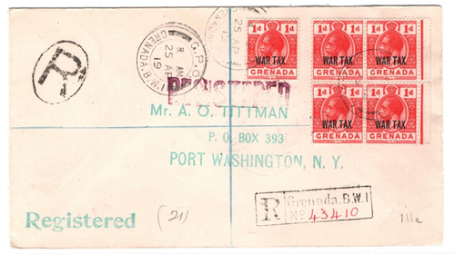GRENADA KGV Cover 1d *WAR TAX* Block{4} BWI Registered 1919 USA {samwells}MA2016 - Picture 2 of 12