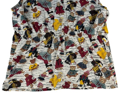 Vintage Landau Teddy Bear Scrub Shirt Top Women's L Multicolor Winter Scene Sled - Picture 5 of 5
