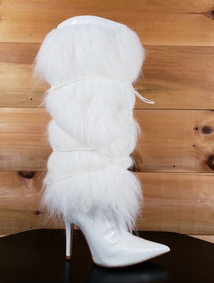 white fur high heel boots