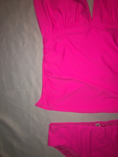 Yonique Hot Pink Tankini & Bikini Set Swimsuit XL Halter Neck Ruche New - Picture 3 of 4