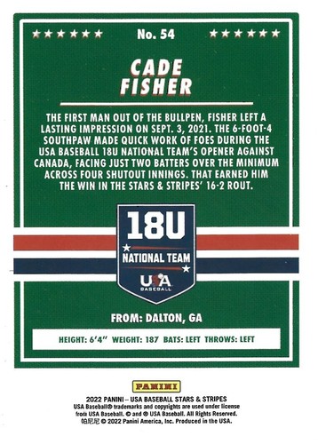 2022 Panini USA Baseball Stars & Stripes Cade Fisher #54 Rookie Card RC 18U Foil - Picture 2 of 2