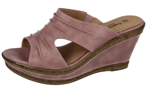 Ladies Cushion Walk Faux Leather Lined Peep Toe Mid Wedge Slip On Mules Sandals - Picture 122 of 128