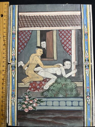 Erotic Malerei Indien „A tergo“ Gouache mit Falte 19. Jhd. Rückseite beschriftet - Bild 6 von 11