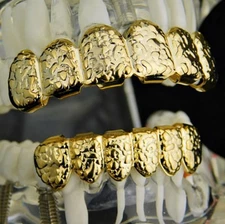 14k Gold Plated "Gold Nugget" Grillz Set Top & Bottom Teeth Hip Hop Mouth Grills