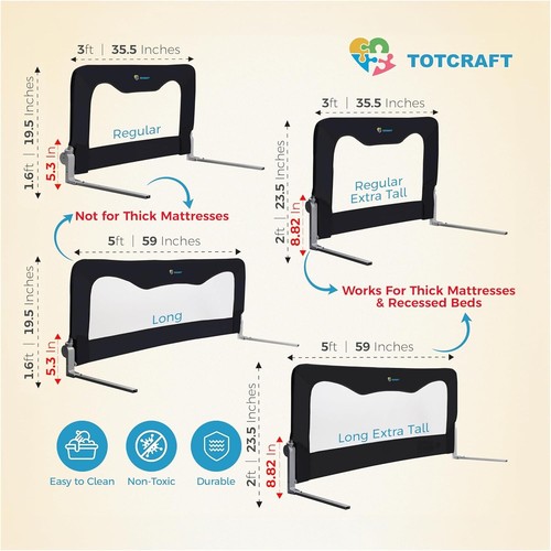 TotCraft Universal Baby & Child Bed Rail Guard, 59"x 23.5" Gray Long Extra Tall - Picture 3 of 4