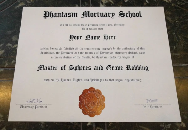 PHANTASM MORTUARY SCHOOL Diploma w/Your Name, Horror Movie Gift, Halloween Prop