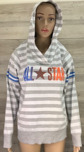 CONVERSE ALL STAR size L grey white stripe long sleeve hoodie jumper pockets - Picture 2 of 12