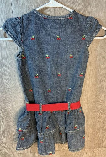 Gymboree Embroidered Cherries Denim Short Sleeve Dress Size 5 Layered With Belt - Picture 2 of 7