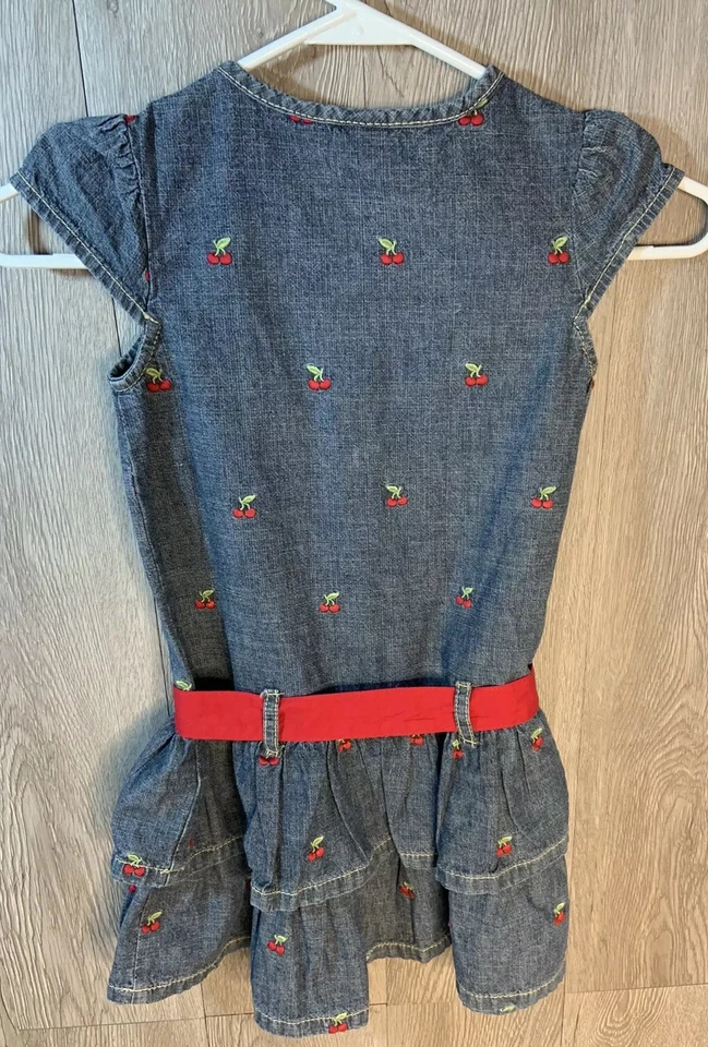 Vestido Gymboree Bordado Cerezas Denim Manga Corta Con Cinturón Talla 5 Foto 2 de 4