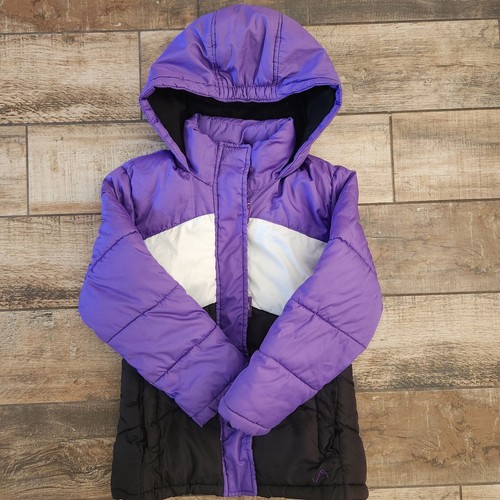 Vertical9 Girls Puffer Jacket Winter Coat Purple Black White Small 6/7 Hooded  - Picture 1 of 8