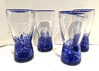 VTG SET/4 BLOCK CONFETTI BASICS BLUE  7" HIGHBALLS, ART GLASS, HANDBLOWN 16OZ