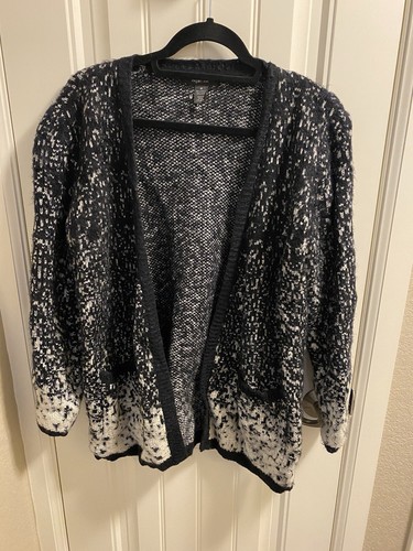 Style Co M Cardigan Sweater Open Front Medium Black White Fuzzy Med Heavy Warm