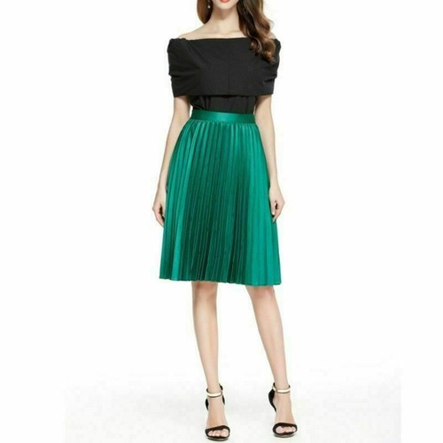 Damen Satin Kleid Rock Falten Glänzend Kunstseide Hohe Taille Doppellagig Midi - Bild 5 von 16