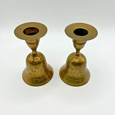 Vintage Pair Bell Candle Holders Etched Flowers Leaves World Gifts Z.Y. India