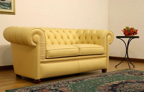 Design Chesterfield Sofa 2-Sitzer Gelb Couch Polster Leder Sofas Wohnzimmer Neu