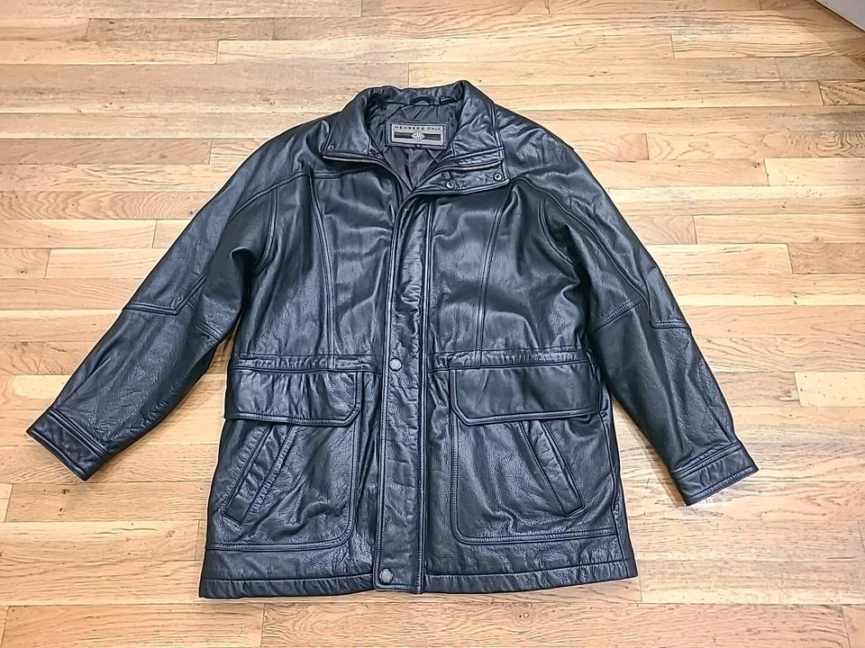 Chaqueta de campo utilitaria pesada de cuero negra vintage solo para miembros talla grande usada en excelente estado
