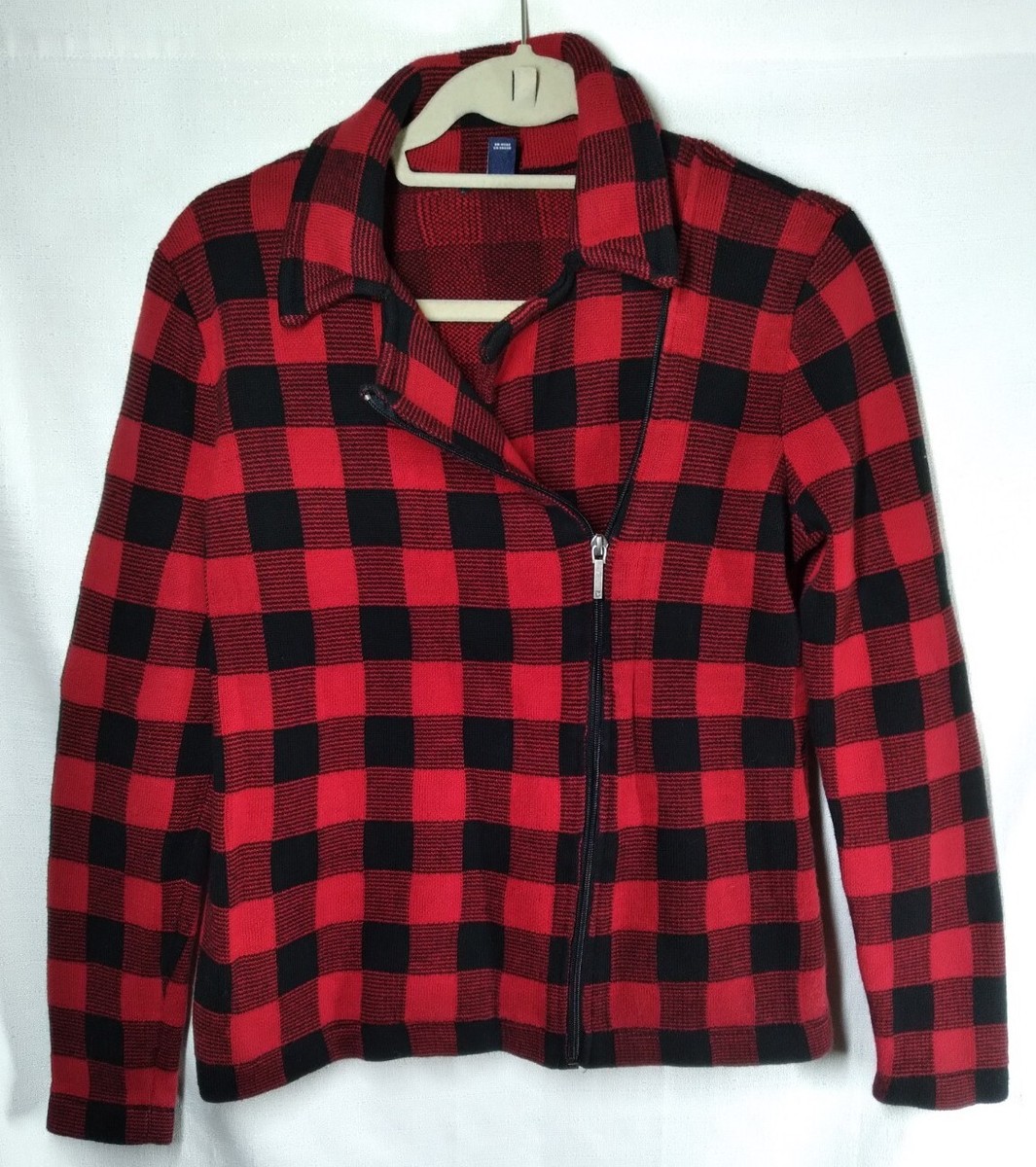 Chaps Red And Black Buffalo Plaid Zip Up Moto Sweater Jacket Size