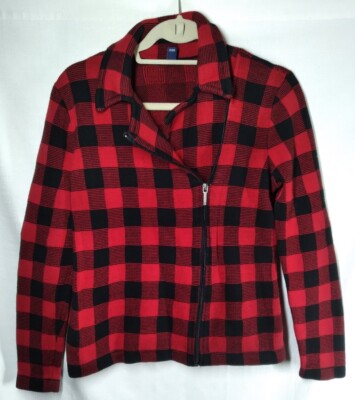 Chaps Red And Black Buffalo Plaid Zip Up Moto Sweater Jacket