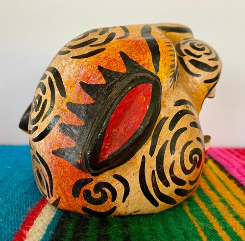 Mexican Folk Art Carved Wood Jaguar Leopard Cat Head Lion Face Mask Guerrero 5" - Picture 6 of 12