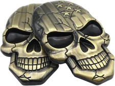 2x 3D Metal US Flag Skull Decal Emblem Motorcycle, Auto, Truck (Bronze)