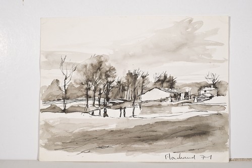 Paysage Maisons dans le Marais Dessin original à l’encre signé MARCHAND 71 - Imagen 3 de 3