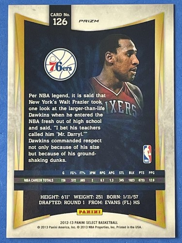 2012-13 Panini Select Prizm Silver Darryl Dawkins 1st Year Select #126 76ers HOF - Picture 2 of 2