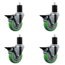 4 Inch Green Poly Swivel 1-3/4 Inch Expanding Stem Caster Set with Brake SCC