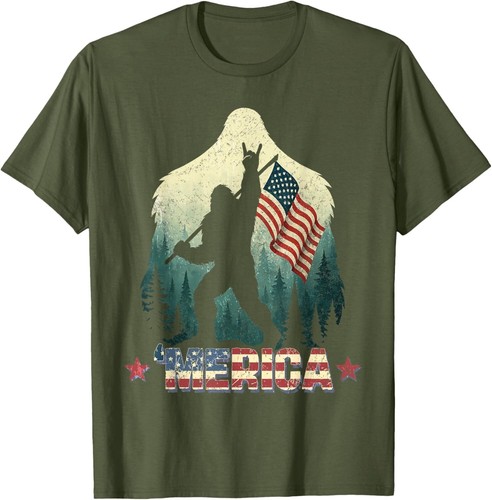 Bigfoot Merica Rock American USA Flag Patriotic 4th Of July Unisex T-Shirt - Picture 6 of 10