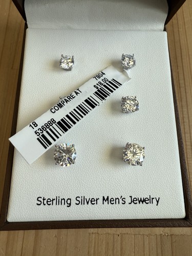 Blac Label Heritage Sterling Silver CZ Men’s Earrings 3 Pairs - Picture 2 of 7
