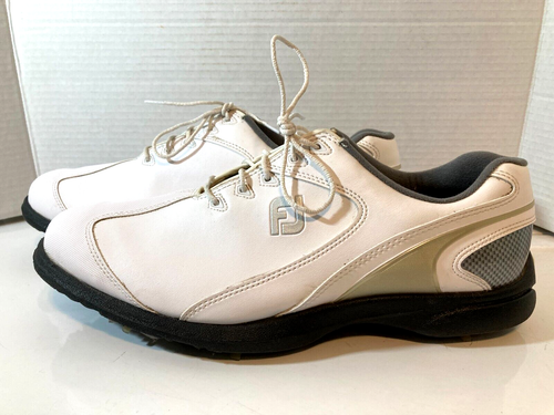 Zapatos de golf FOOTJOY FJ para hombre talla 11,5 cuero blanco/plateado impermeables EXCELENTES - Imagen 6 de 15