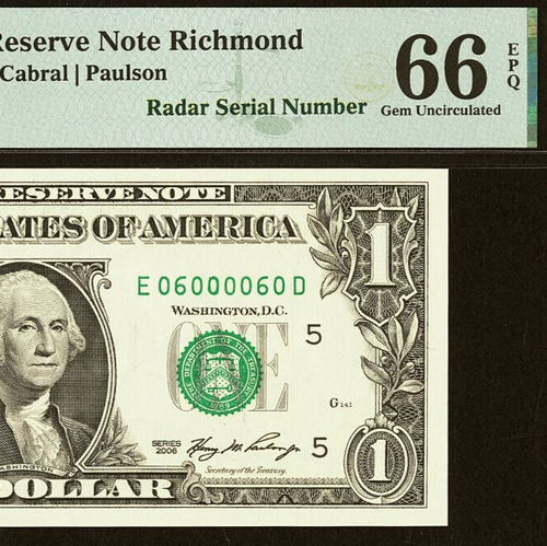 2006 $1 FRN PMG 66EPQ - Gem Uncirculated Richmond Radar Serial 06000060 Rare!