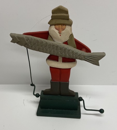 Vintage Wooden Santa Holding A Fish With A Moveable Handle Whimsical Holiday - Picture 1 of 11